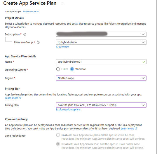 Creating a new App Service Plan