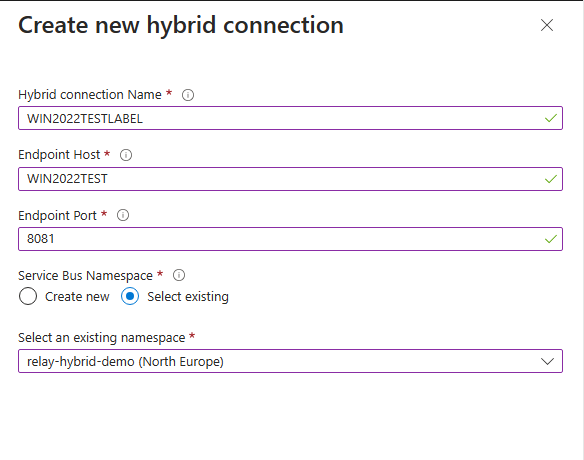 Azure Portal - new Hybrid Connection setup