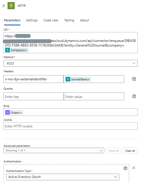 Logic App – HTTP connector sending data to D365 Recurring Integration