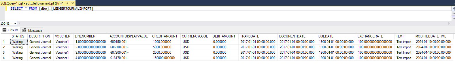 Azure SQL – General Journal table definition